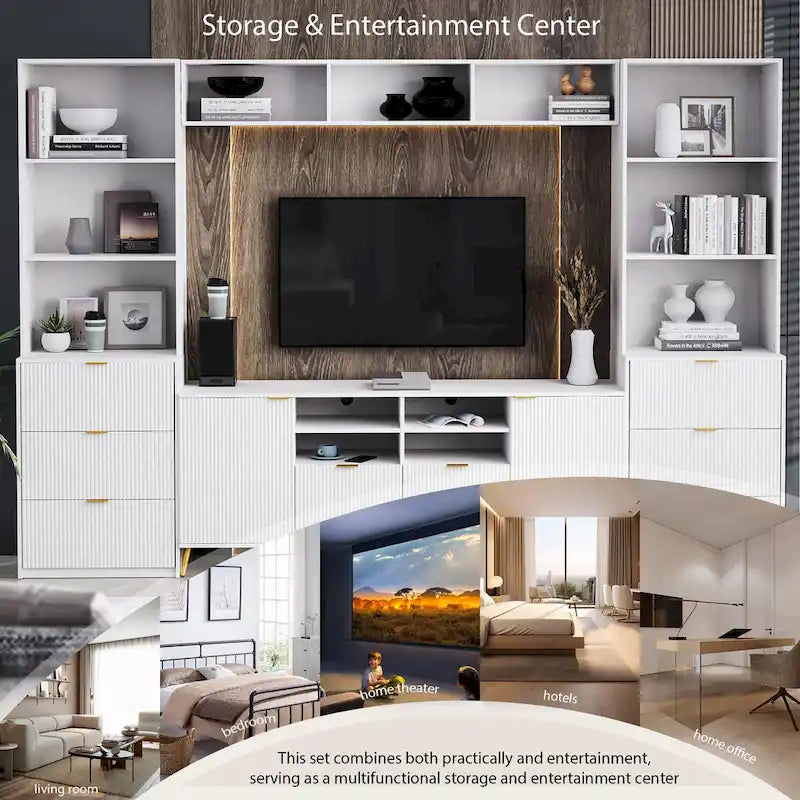 Meuble TV mural 4 pièces noir/blanc avec étagères et tiroirs – Style moderne, pour toute la famille