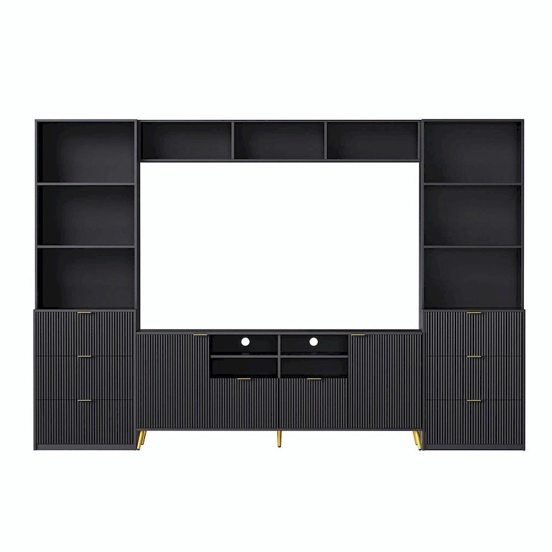 Meuble TV mural 4 pièces noir/blanc avec étagères et tiroirs – Style moderne, pour toute la famille