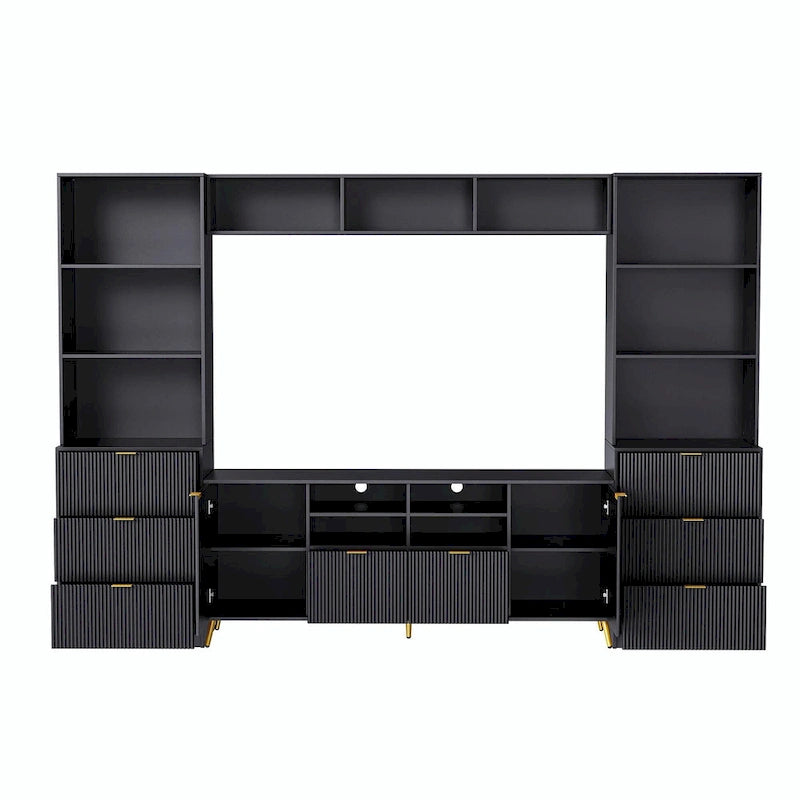 Meuble TV mural 4 pièces noir/blanc avec étagères et tiroirs – Style moderne, pour toute la famille