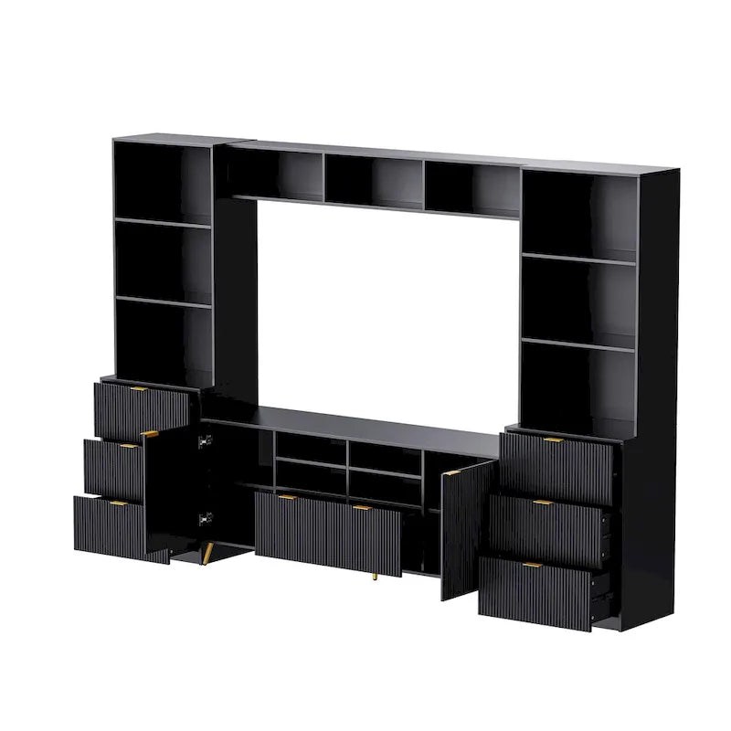 Meuble TV mural 4 pièces noir/blanc avec étagères et tiroirs – Style moderne, pour toute la famille