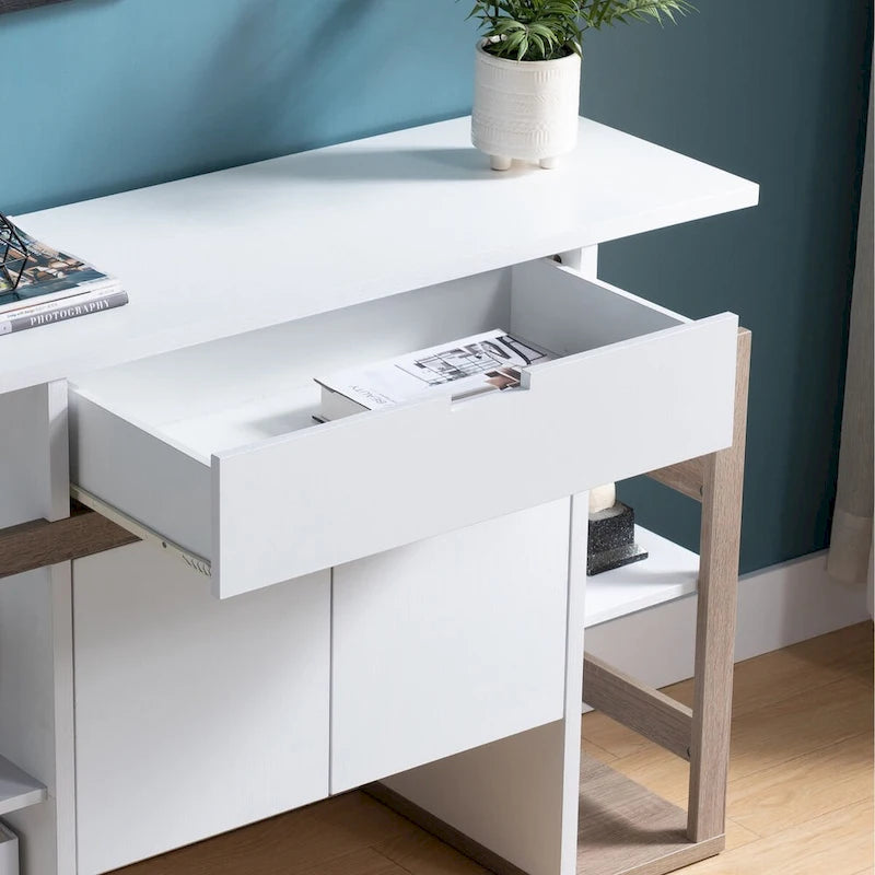 Buffet bicolore taupe clair et foncé avec tiroir, meuble à 2 portes et étagères ouvertes – Unité simple