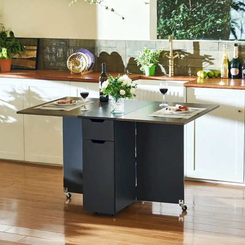 Table à manger marron extensible à abattants avec tiroir de rangement, placard et roulettes – Pour 2 à 4 personnes