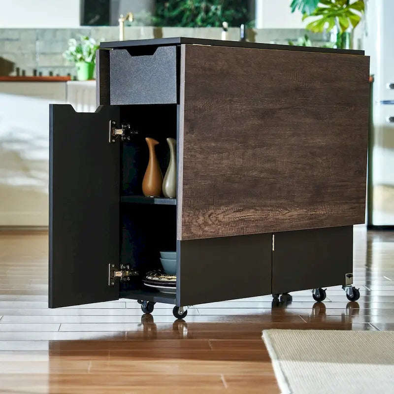 Table à manger marron extensible à abattants avec tiroir de rangement, placard et roulettes – Pour 2 à 4 personnes
