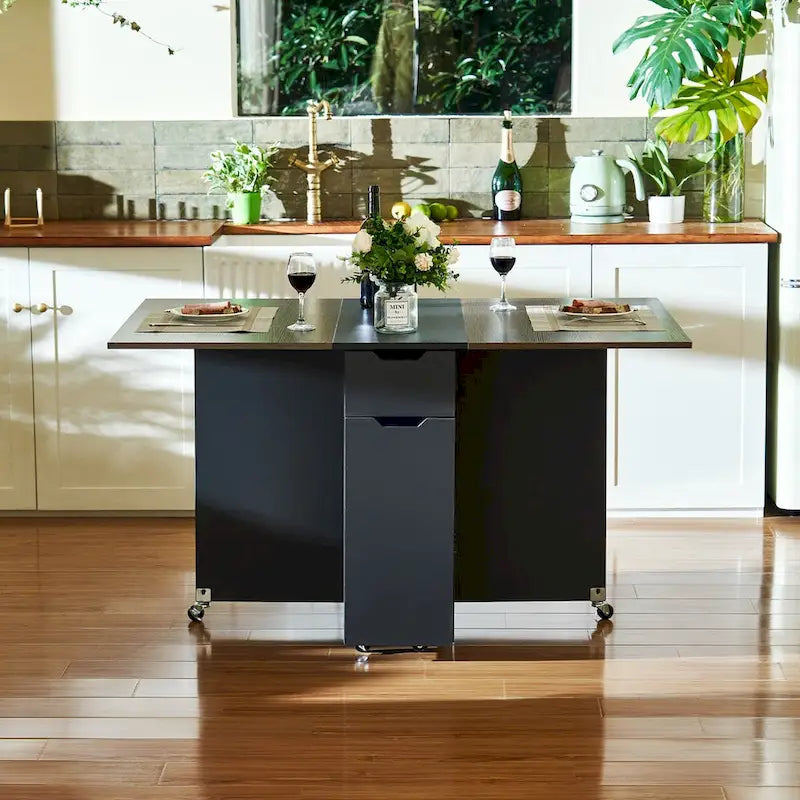 Table à manger marron extensible à abattants avec tiroir de rangement, placard et roulettes – Pour 2 à 4 personnes