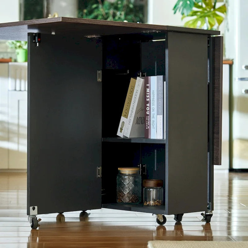 Table à manger marron extensible à abattants avec tiroir de rangement, placard et roulettes – Pour 2 à 4 personnes