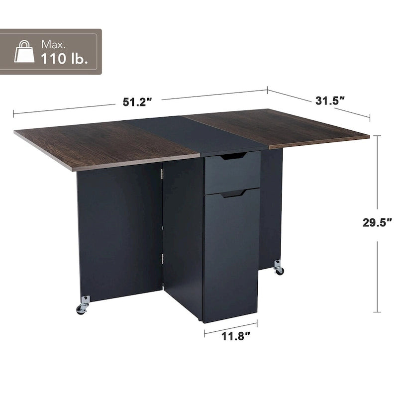 Table à manger marron extensible à abattants avec tiroir de rangement, placard et roulettes – Pour 2 à 4 personnes