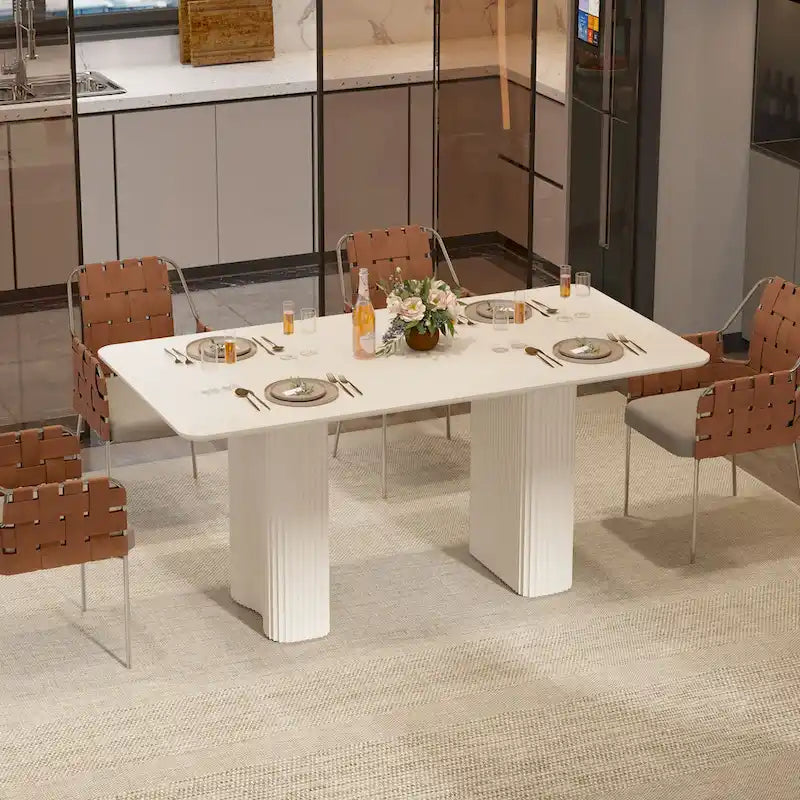 Table à manger moderne blanc crème avec base incurvée – Pour 6 à 8 personnes