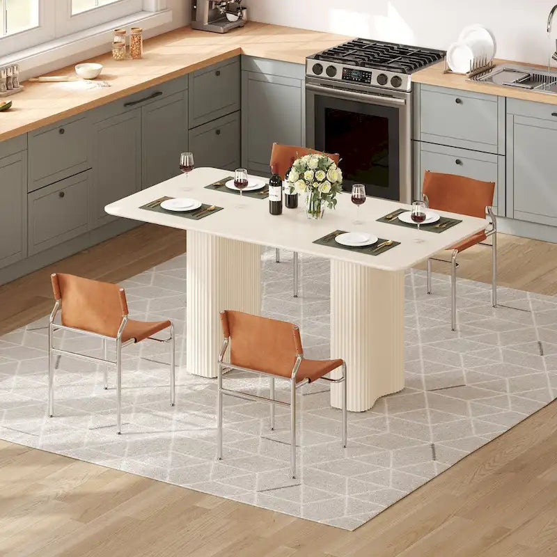Table à manger moderne blanc crème avec base incurvée – Pour 6 à 8 personnes