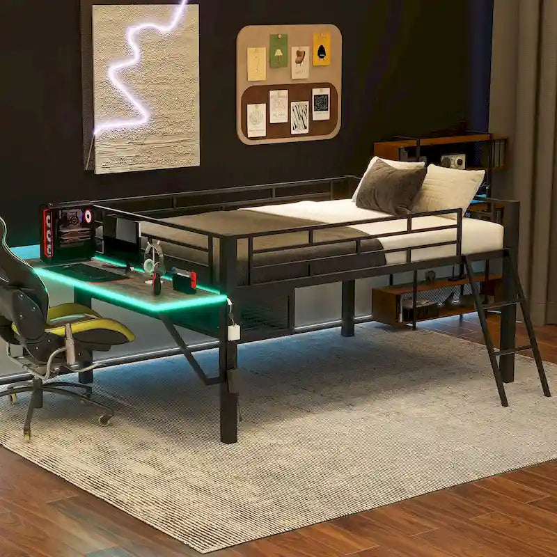 Lit mezzanine gaming noir pleine grandeur avec bureau, lumières LED et rangement sous le lit – 1 place