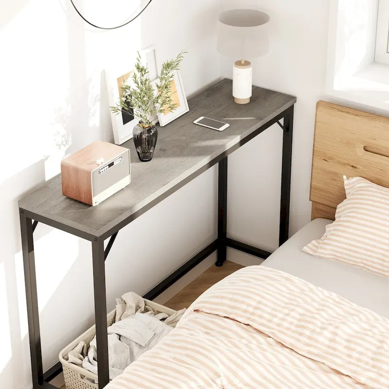 Console étroite industrielle gris / marron / noir avec étagères ouvertes – Unité simple