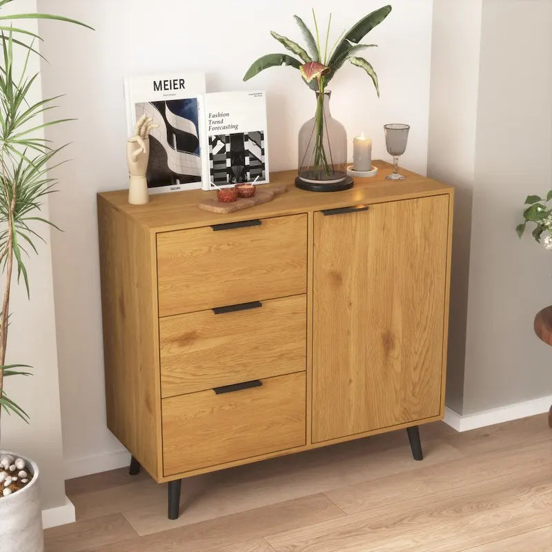 Meuble de rangement mi-siècle en bois naturel et gris avec 3 tiroirs, une porte et une étagère réglable – Unité individuelle