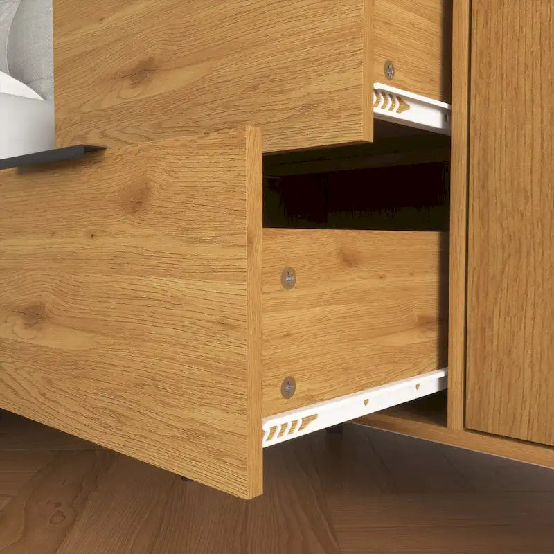 Meuble de rangement mi-siècle en bois naturel et gris avec 3 tiroirs, une porte et une étagère réglable – Unité individuelle