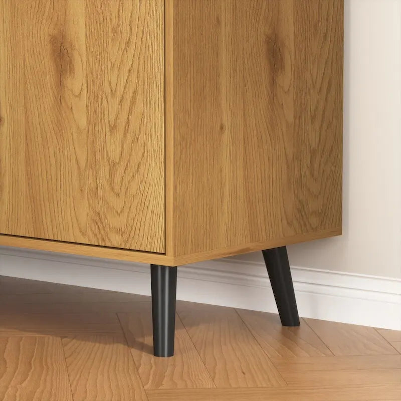 Meuble de rangement mi-siècle en bois naturel et gris avec 3 tiroirs, une porte et une étagère réglable – Unité individuelle