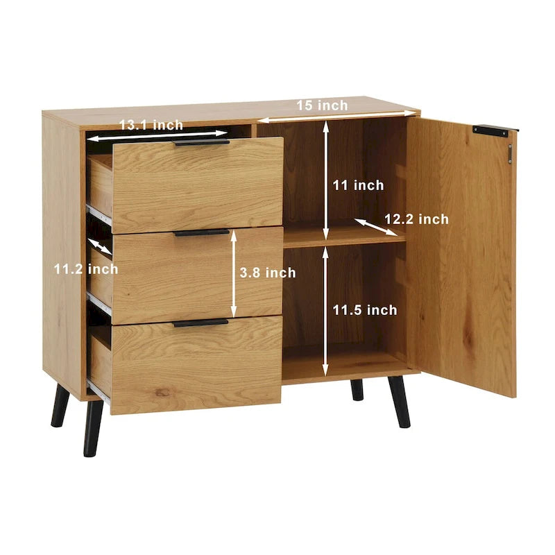 Meuble de rangement mi-siècle en bois naturel et gris avec 3 tiroirs, une porte et une étagère réglable – Unité individuelle