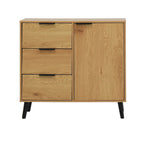 Meuble de rangement mi-siècle en bois naturel et gris avec 3 tiroirs, une porte et une étagère réglable – Unité individuelle