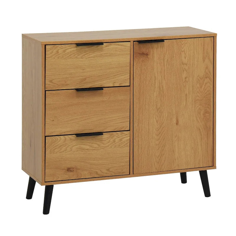Meuble de rangement mi-siècle en bois naturel et gris avec 3 tiroirs, une porte et une étagère réglable – Unité individuelle