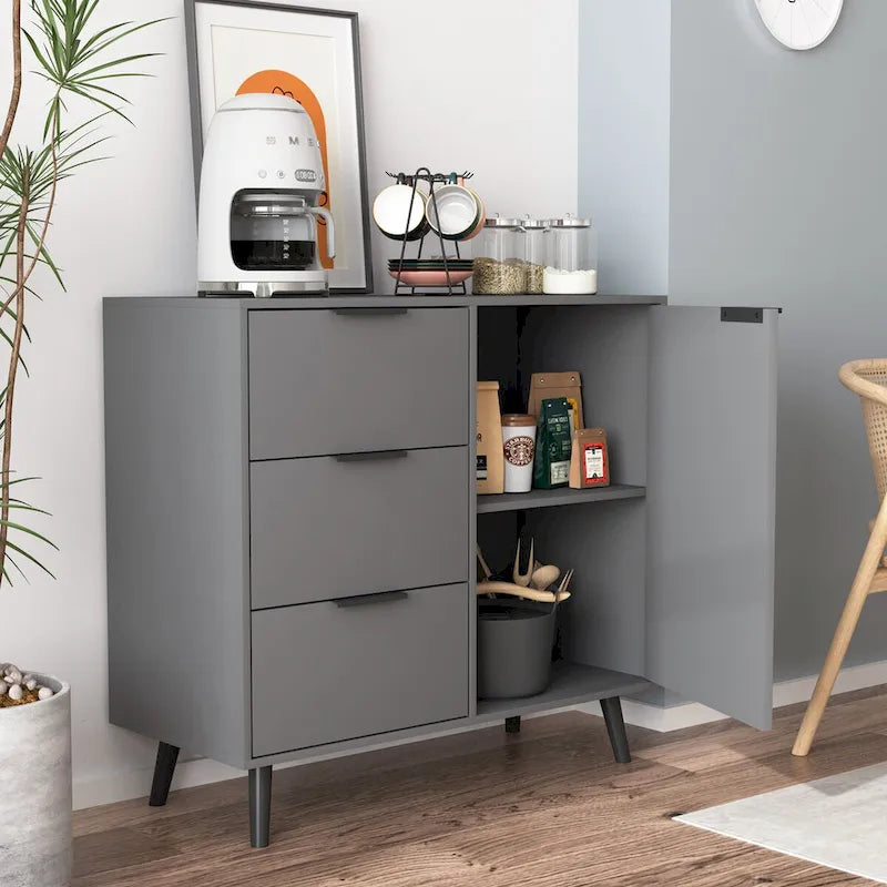 Meuble de rangement mi-siècle en bois naturel et gris avec 3 tiroirs, une porte et une étagère réglable – Unité individuelle