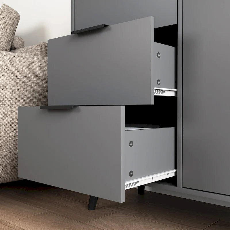Meuble de rangement mi-siècle en bois naturel et gris avec 3 tiroirs, une porte et une étagère réglable – Unité individuelle