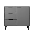 Meuble de rangement mi-siècle en bois naturel et gris avec 3 tiroirs, une porte et une étagère réglable – Unité individuelle