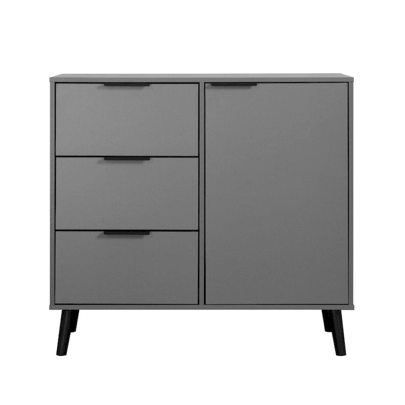 Meuble de rangement mi-siècle en bois naturel et gris avec 3 tiroirs, une porte et une étagère réglable – Unité individuelle