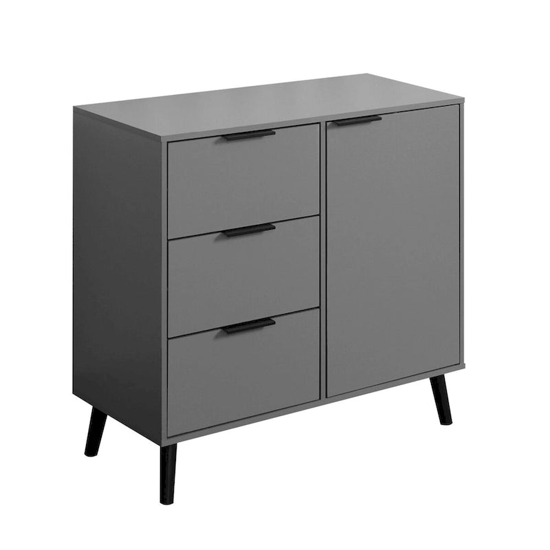 Meuble de rangement mi-siècle en bois naturel et gris avec 3 tiroirs, une porte et une étagère réglable – Unité individuelle