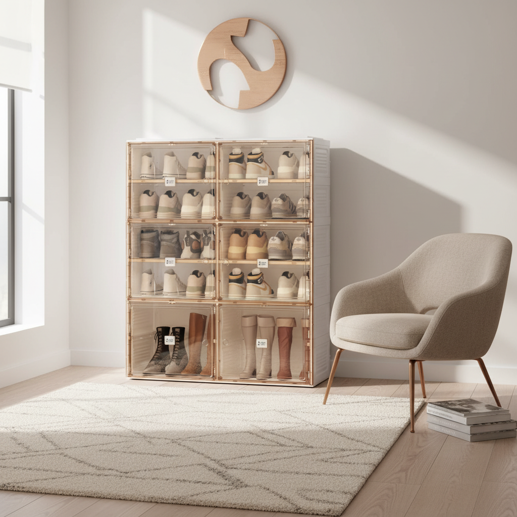 Meuble à chaussures empilable marron avec portes et étagères – Unité individuelle