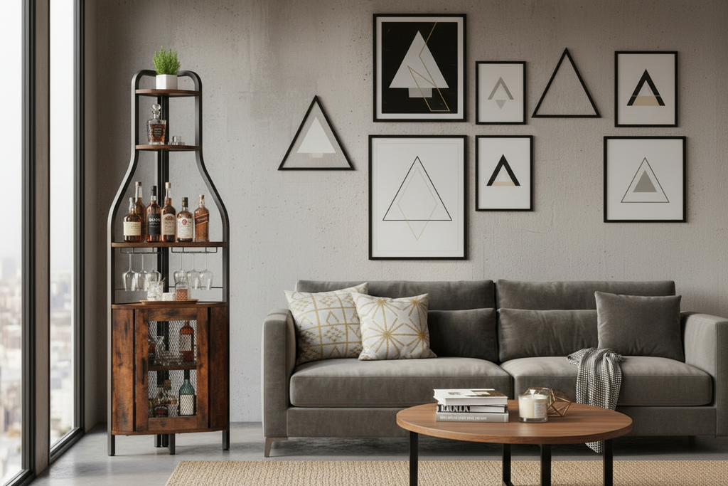 Range-bouteilles d'angle industriel noir avec porte-verres et étagères de rangement – 18 bouteilles, unité simple