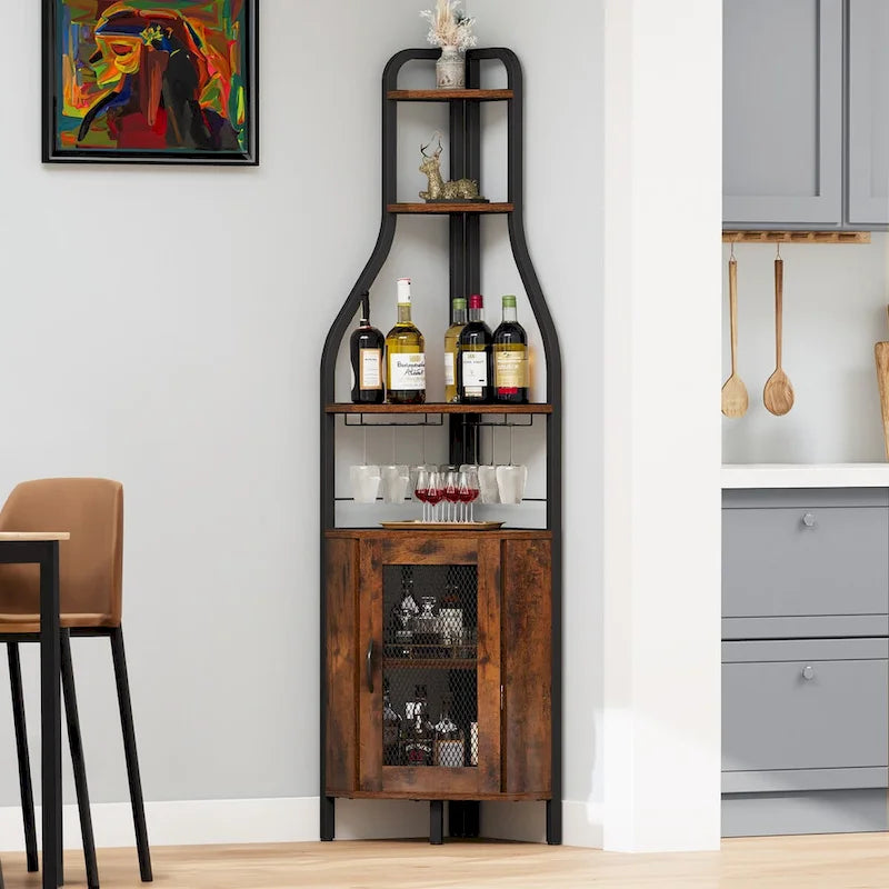 Range-bouteilles d'angle industriel noir avec porte-verres et étagères de rangement – 18 bouteilles, unité simple