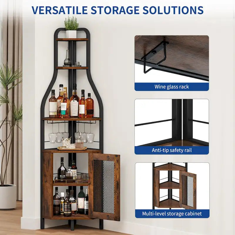 Range-bouteilles d'angle industriel noir avec porte-verres et étagères de rangement – 18 bouteilles, unité simple