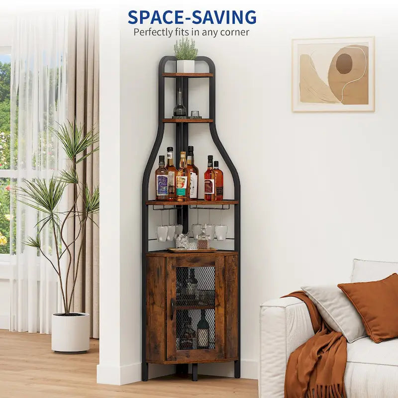 Range-bouteilles d'angle industriel noir avec porte-verres et étagères de rangement – 18 bouteilles, unité simple