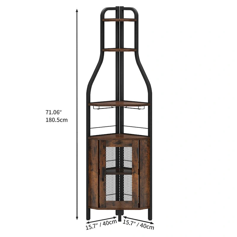 Range-bouteilles d'angle industriel noir avec porte-verres et étagères de rangement – 18 bouteilles, unité simple