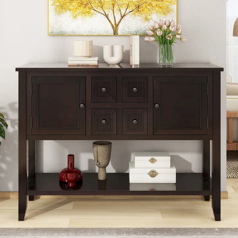 Console en bois massif de couleur gris antique/blanc cassé/expresso/bleu marine antique/bleu rétro/blanc/bleu foncé avec 4 tiroirs, 2 armoires et une étagère inférieure – Unité individuelle