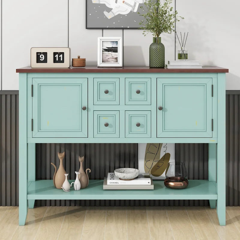 Console en bois massif de couleur gris antique/blanc cassé/expresso/bleu marine antique/bleu rétro/blanc/bleu foncé avec 4 tiroirs, 2 armoires et une étagère inférieure – Unité individuelle