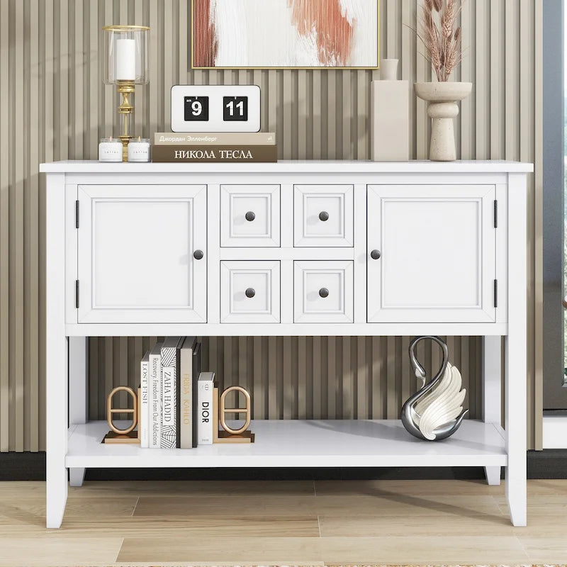 Console en bois massif de couleur gris antique/blanc cassé/expresso/bleu marine antique/bleu rétro/blanc/bleu foncé avec 4 tiroirs, 2 armoires et une étagère inférieure – Unité individuelle
