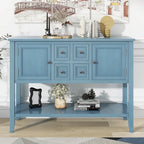 Console en bois massif de couleur gris antique/blanc cassé/expresso/bleu marine antique/bleu rétro/blanc/bleu foncé avec 4 tiroirs, 2 armoires et une étagère inférieure – Unité individuelle