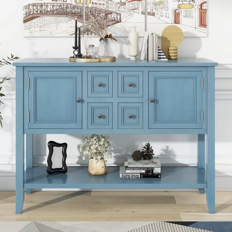 Console en bois massif de couleur gris antique/blanc cassé/expresso/bleu marine antique/bleu rétro/blanc/bleu foncé avec 4 tiroirs, 2 armoires et une étagère inférieure – Unité individuelle