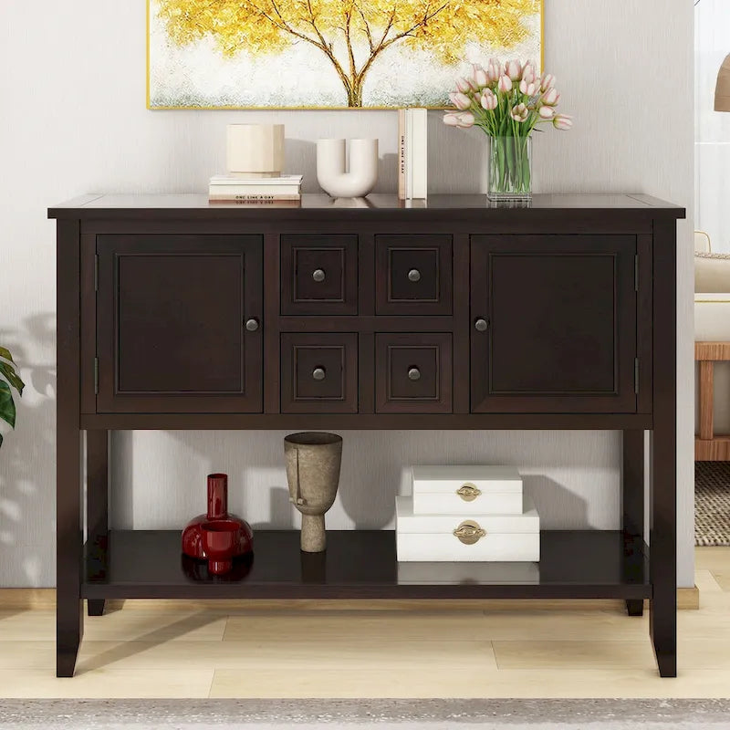 Console en bois massif de couleur gris antique/blanc cassé/expresso/bleu marine antique/bleu rétro/blanc/bleu foncé avec 4 tiroirs, 2 armoires et une étagère inférieure – Unité individuelle