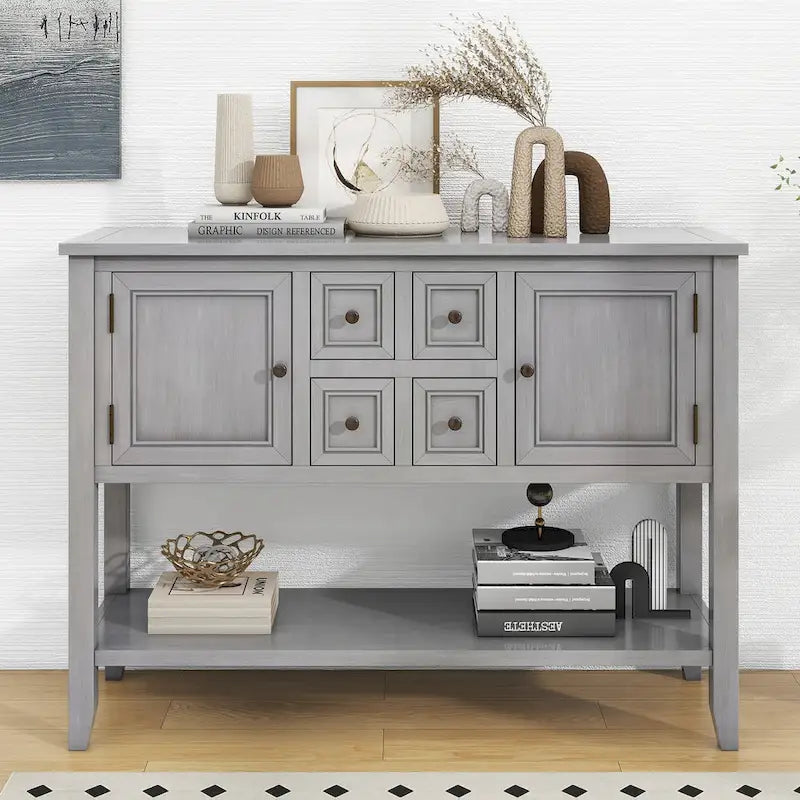 Console en bois massif de couleur gris antique/blanc cassé/expresso/bleu marine antique/bleu rétro/blanc/bleu foncé avec 4 tiroirs, 2 armoires et une étagère inférieure – Unité individuelle
