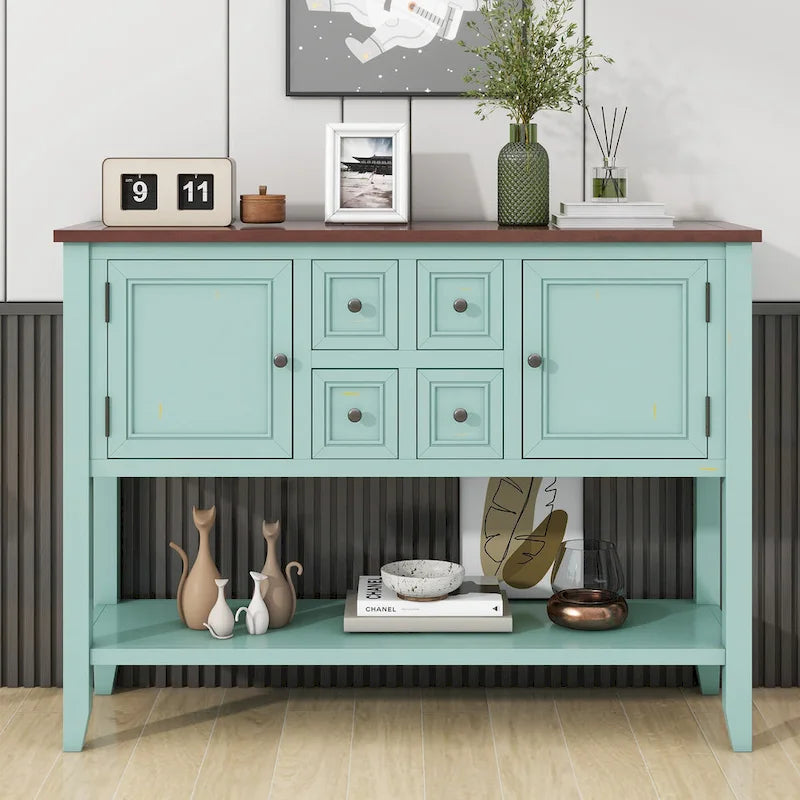 Console en bois massif de couleur gris antique/blanc cassé/expresso/bleu marine antique/bleu rétro/blanc/bleu foncé avec 4 tiroirs, 2 armoires et une étagère inférieure – Unité individuelle