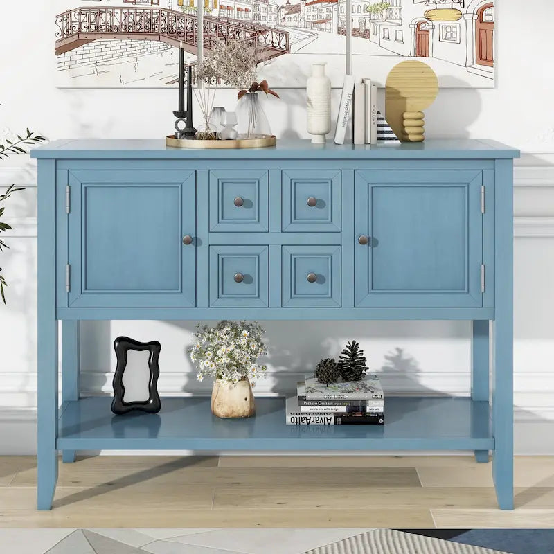 Console en bois massif de couleur gris antique/blanc cassé/expresso/bleu marine antique/bleu rétro/blanc/bleu foncé avec 4 tiroirs, 2 armoires et une étagère inférieure – Unité individuelle