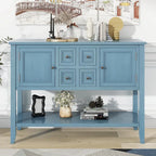 Console en bois massif de couleur gris antique/blanc cassé/expresso/bleu marine antique/bleu rétro/blanc/bleu foncé avec 4 tiroirs, 2 armoires et une étagère inférieure – Unité individuelle
