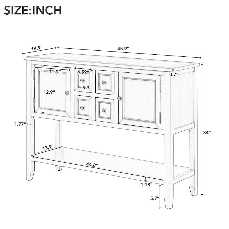 Console en bois massif de couleur gris antique/blanc cassé/expresso/bleu marine antique/bleu rétro/blanc/bleu foncé avec 4 tiroirs, 2 armoires et une étagère inférieure – Unité individuelle