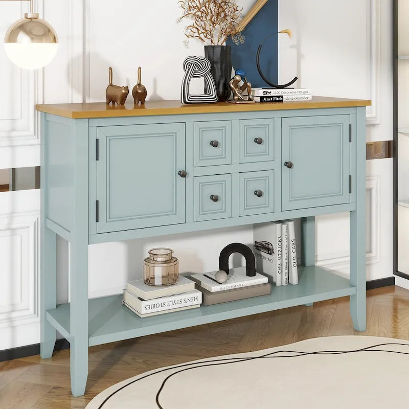 Console en bois massif de couleur gris antique/blanc cassé/expresso/bleu marine antique/bleu rétro/blanc/bleu foncé avec 4 tiroirs, 2 armoires et une étagère inférieure – Unité individuelle