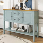 Console en bois massif de couleur gris antique/blanc cassé/expresso/bleu marine antique/bleu rétro/blanc/bleu foncé avec 4 tiroirs, 2 armoires et une étagère inférieure – Unité individuelle