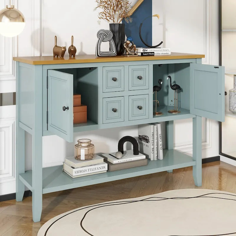Console en bois massif de couleur gris antique/blanc cassé/expresso/bleu marine antique/bleu rétro/blanc/bleu foncé avec 4 tiroirs, 2 armoires et une étagère inférieure – Unité individuelle