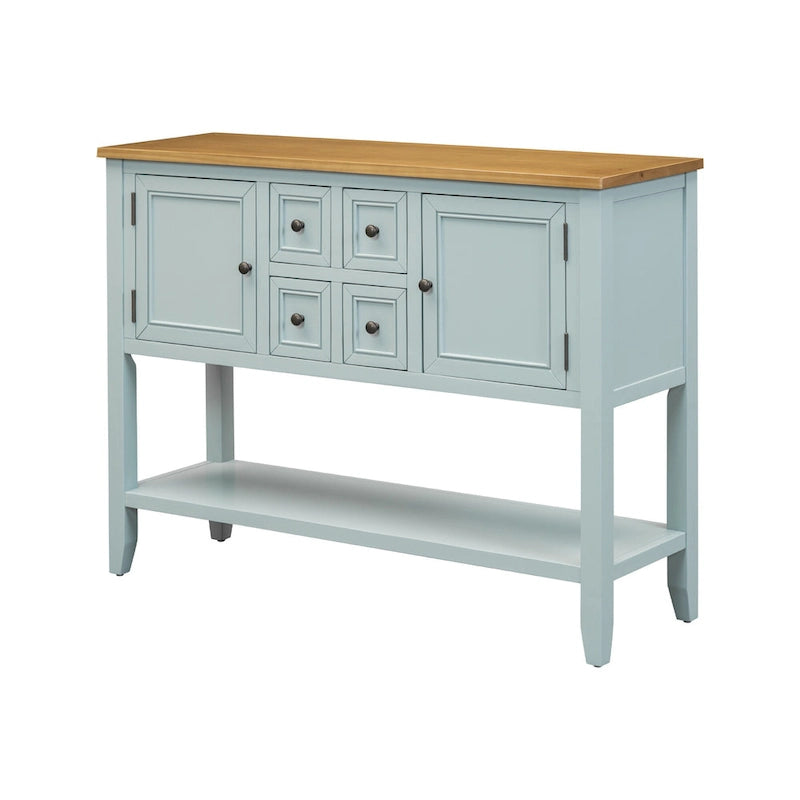 Console en bois massif de couleur gris antique/blanc cassé/expresso/bleu marine antique/bleu rétro/blanc/bleu foncé avec 4 tiroirs, 2 armoires et une étagère inférieure – Unité individuelle