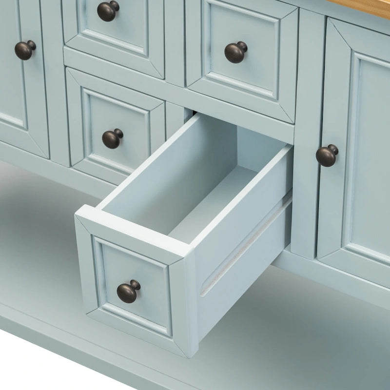 Console en bois massif de couleur gris antique/blanc cassé/expresso/bleu marine antique/bleu rétro/blanc/bleu foncé avec 4 tiroirs, 2 armoires et une étagère inférieure – Unité individuelle