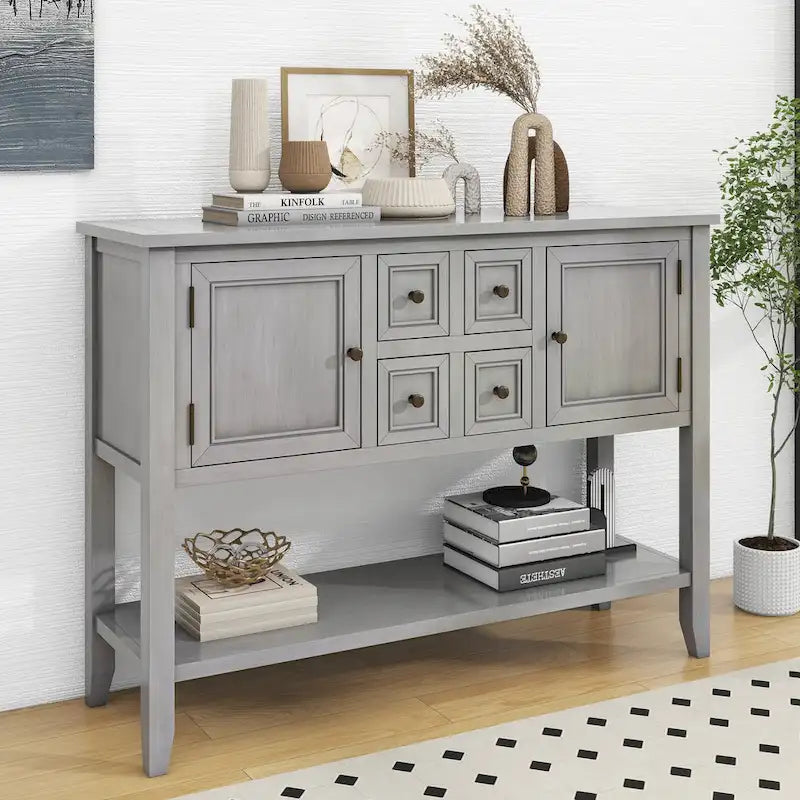 Console en bois massif de couleur gris antique/blanc cassé/expresso/bleu marine antique/bleu rétro/blanc/bleu foncé avec 4 tiroirs, 2 armoires et une étagère inférieure – Unité individuelle