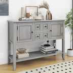 Console en bois massif de couleur gris antique/blanc cassé/expresso/bleu marine antique/bleu rétro/blanc/bleu foncé avec 4 tiroirs, 2 armoires et une étagère inférieure – Unité individuelle