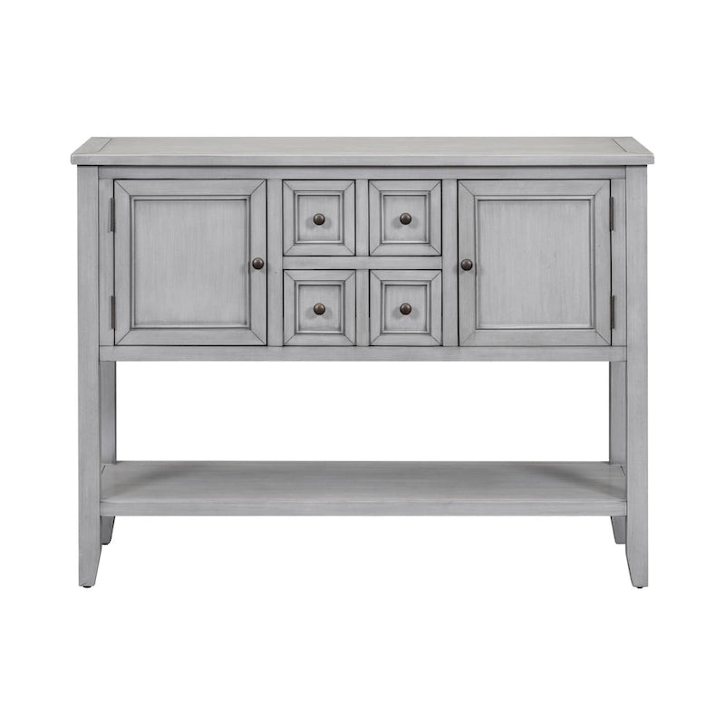 Console en bois massif de couleur gris antique/blanc cassé/expresso/bleu marine antique/bleu rétro/blanc/bleu foncé avec 4 tiroirs, 2 armoires et une étagère inférieure – Unité individuelle